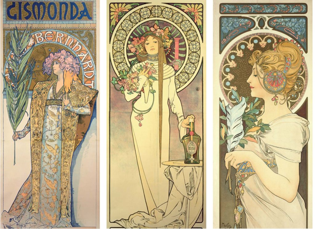Left to right: Gismonda, 1894, featuring Sarah Bernhardt, whose collaboration proved fruitful; La Trappistine, 1897; and Feather, 1899