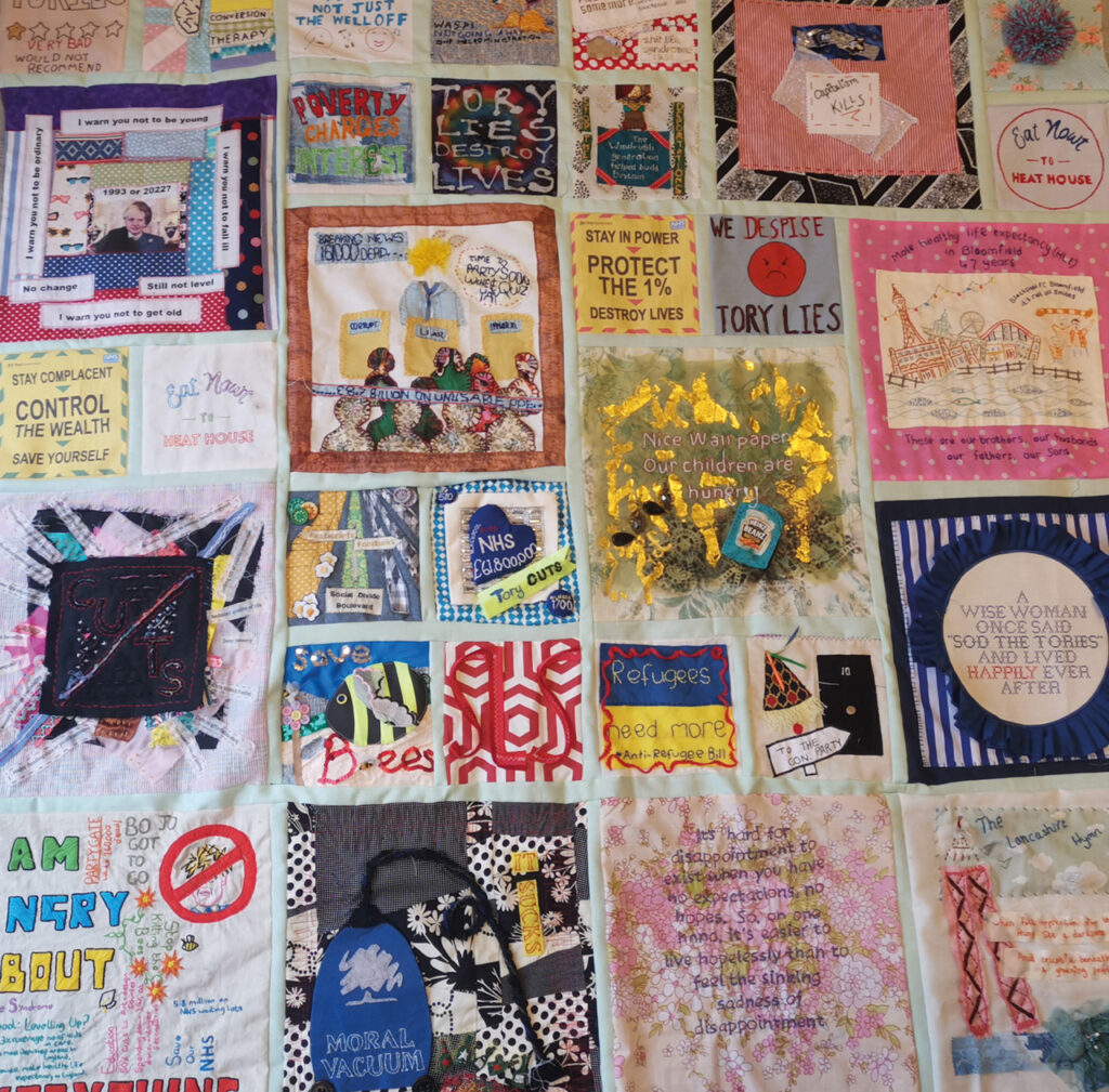 Some of the patches in the Discomfort Blanket. Each politically-charged patch is made by a different crafter