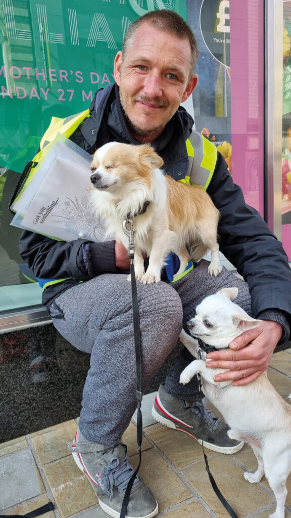 Leeds vendor Stephen with his two lockdown dogs Max and Bailey