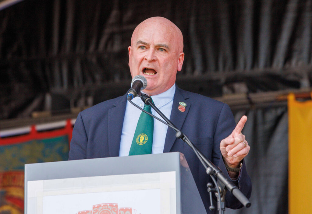 Above: Lynch at the Durham Miners’ Gala. Previous page: at RMT HQ. Photos: Karl Black/Alamy